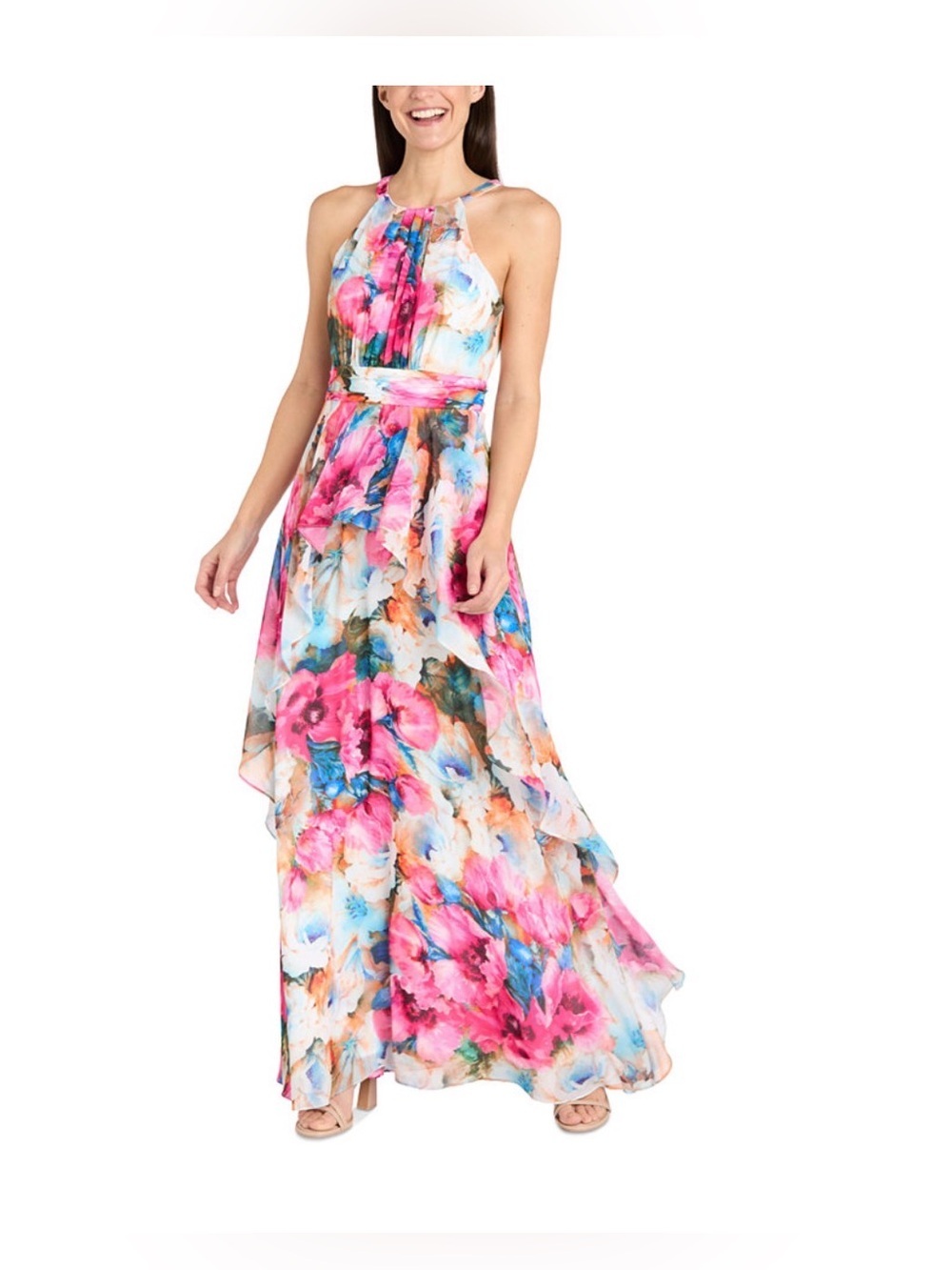 Long Printed Floral Dress with Halter Neckline and Ruffle Skirt